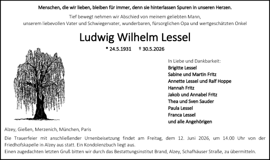 Traueranzeige von Ludwig Wilhelm Lessel von Allgemeine Zeitung Alzey