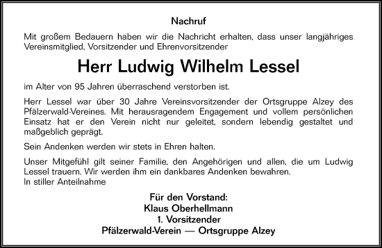 Traueranzeige von Ludwig Wilhelm Lessel von Allgemeine Zeitung Alzey