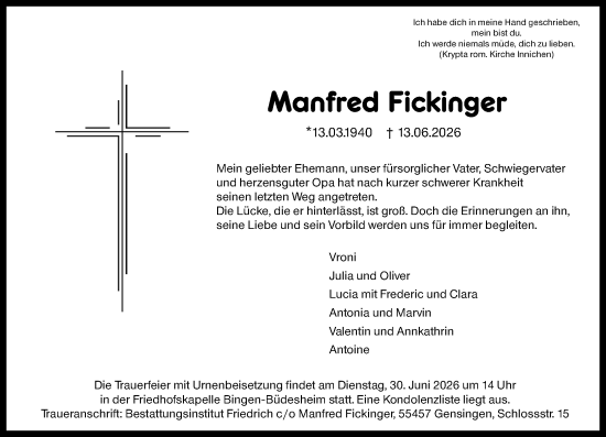 Traueranzeige von Manfred Fickinger von Allgemeine Zeitung Rheinhessen-Nahe