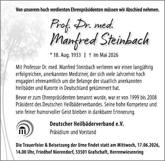 Traueranzeige von Manfred Steinbach von Allgemeine Zeitung Mainz