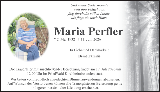 Traueranzeige von Maria Perfler von Wormser Zeitung