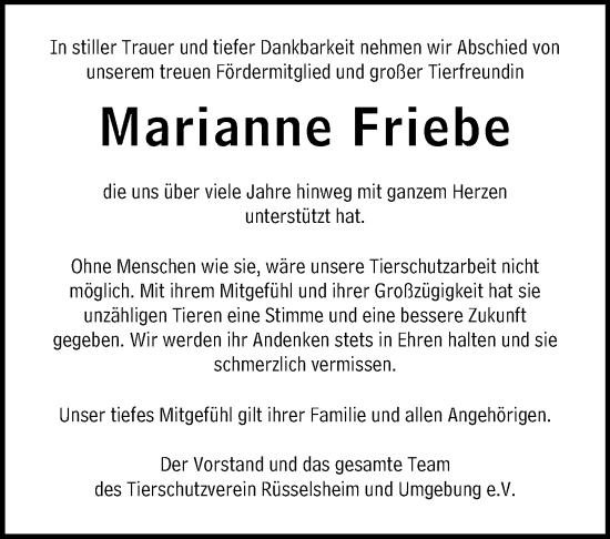 Traueranzeige von Marianne Friebe von Rüsselsheimer Echo