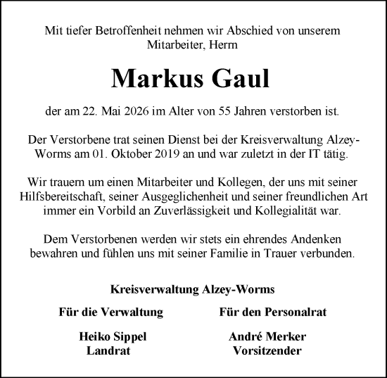 Traueranzeige von Markus Gaul von Allgemeine Zeitung Alzey