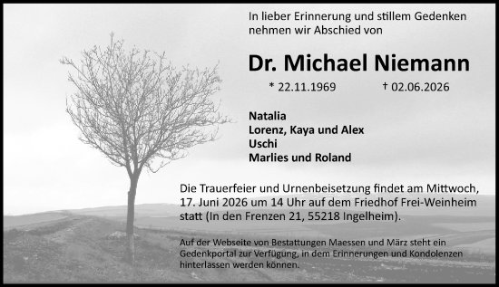 Traueranzeige von Michael Niemann von Allgemeine Zeitung Rheinhessen-Nahe