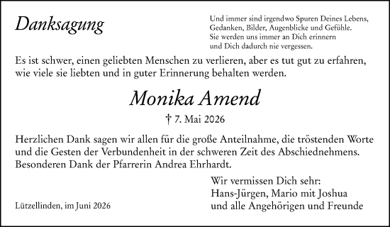 Traueranzeige von Monika Amend von Wetzlarer Neue Zeitung
