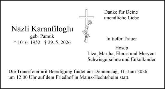 Traueranzeige von Nazli Karanfiloglu von Allgemeine Zeitung Mainz