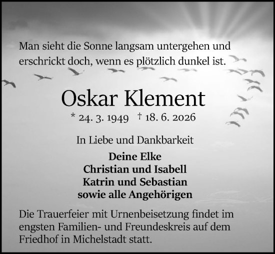 Traueranzeige von Oskar Klement von Odenwälder Echo