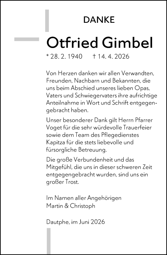 Traueranzeige von Otfried Gimbel von Hinterländer Anzeiger