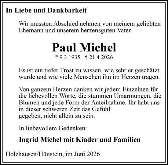 Traueranzeige von Paul Michel von Hinterländer Anzeiger