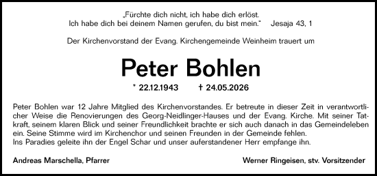Traueranzeige von Peter Bohlen von Allgemeine Zeitung Alzey