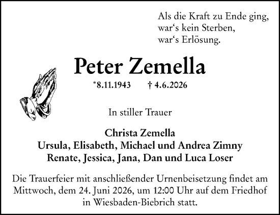 Traueranzeige von Peter Zemella von Wiesbadener Kurier