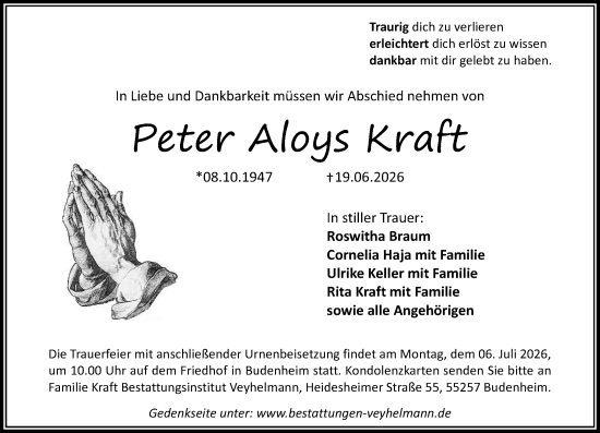 Traueranzeige von Peter Aloys Kraft von Allgemeine Zeitung Mainz