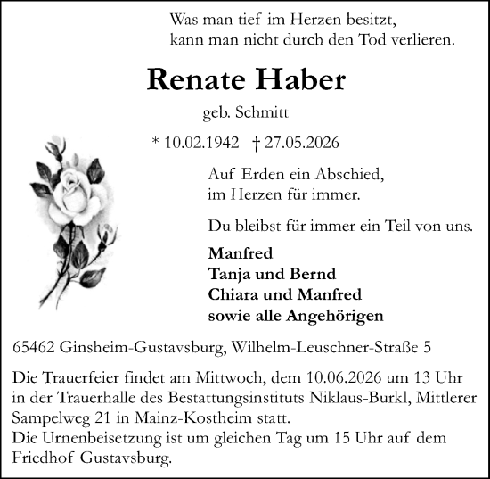Traueranzeige von Renate Haber von Allgemeine Zeitung Mainz
