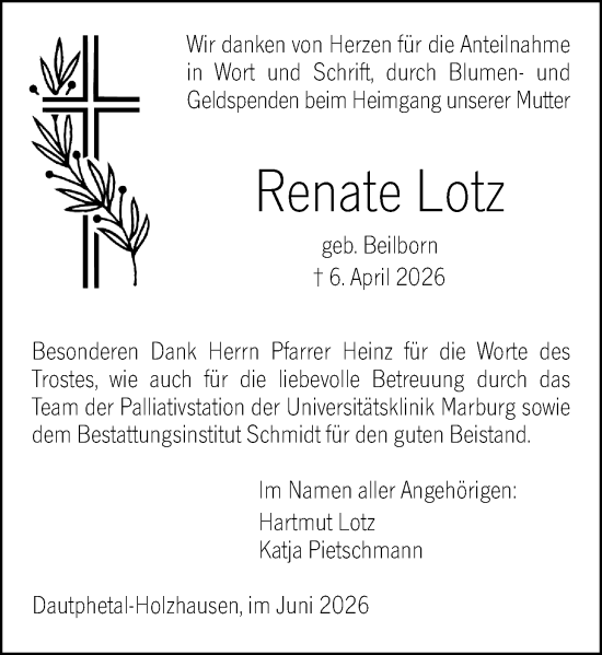 Traueranzeige von Renate Lotz von Hinterländer Anzeiger