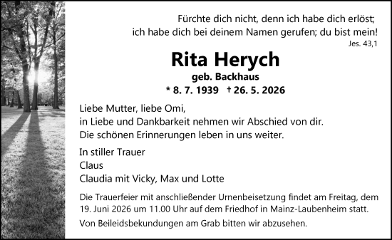 Traueranzeige von Rita Herych von Allgemeine Zeitung Mainz