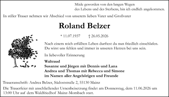 Traueranzeige von Roland Belzer von Allgemeine Zeitung Mainz