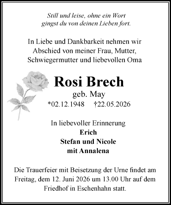 Traueranzeige von Rosi Brech von Rheingau-Taunus-Kreis Wochenblatt