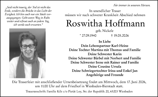 Traueranzeige von Roswitha Hoffmann von Wiesbadener Kurier