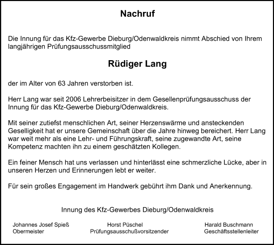 Traueranzeige von Rüdiger Lang von Odenwälder Echo