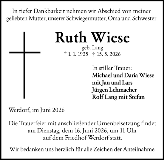 Traueranzeige von Ruth Wiese von Wetzlarer Neue Zeitung