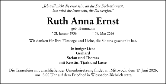 Traueranzeige von Ruth Anna Ernst von Wiesbadener Kurier