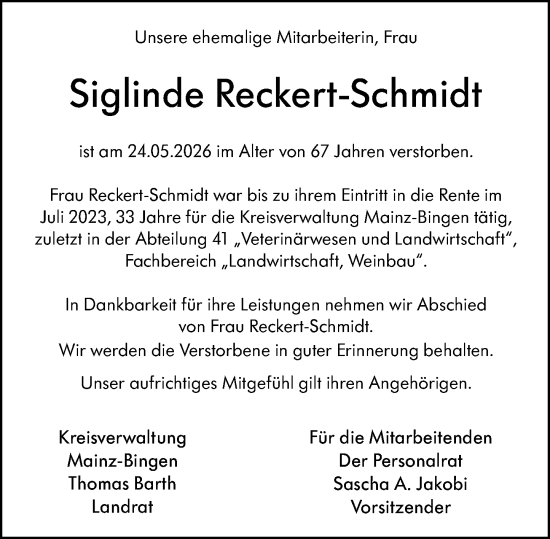 Traueranzeige von Siglinde Reckert-Schmidt von Allgemeine Zeitung Rheinhessen-Nahe