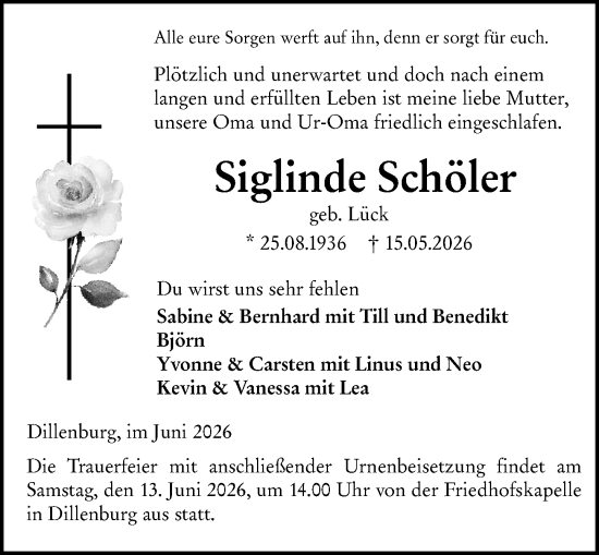 Traueranzeige von Siglinde Schöler von Dill Block