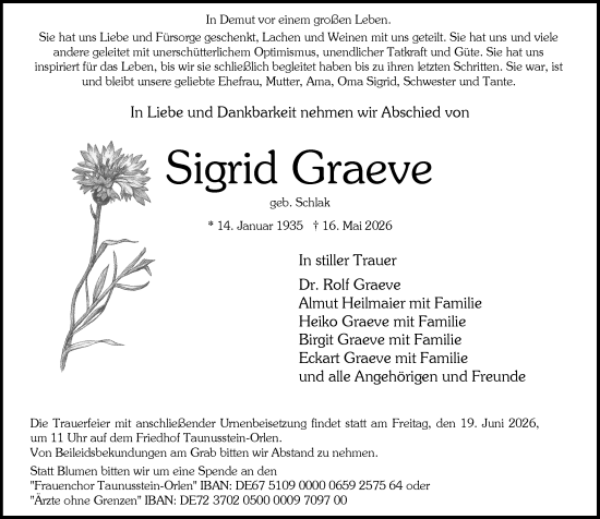 Traueranzeige von Sigrid Graeve von Wiesbadener Kurier