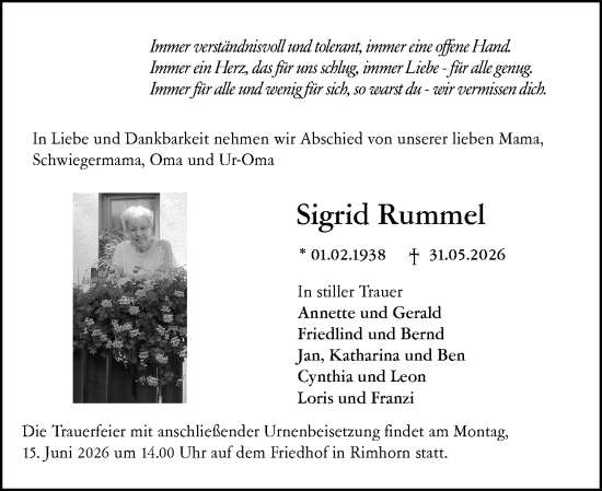 Traueranzeige von Sigrid Rummel von Odenwälder Echo