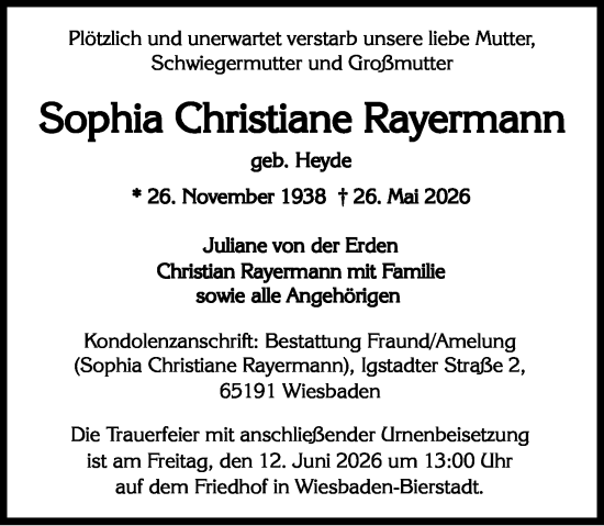 Traueranzeige von Sophia Christiane Rayermann von Wiesbadener Kurier