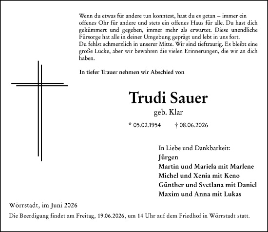Traueranzeige von Trudi Sauer von Allgemeine Zeitung Alzey