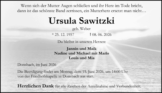 Traueranzeige von Ursula Sawitzki von Dill Block