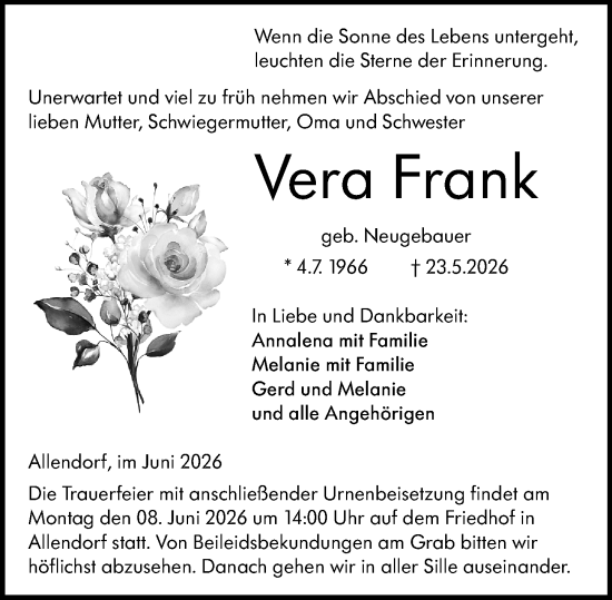 Traueranzeige von Vera Frank von Weilburger Tageblatt