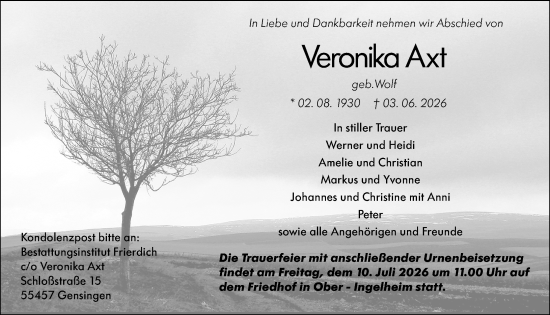 Traueranzeige von Veronika Axt von Allgemeine Zeitung Rheinhessen-Nahe