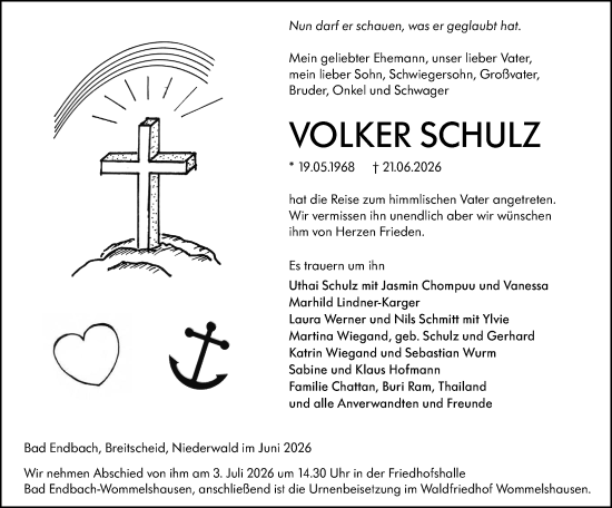Traueranzeige von Volker Schulz von Hinterländer Anzeiger
