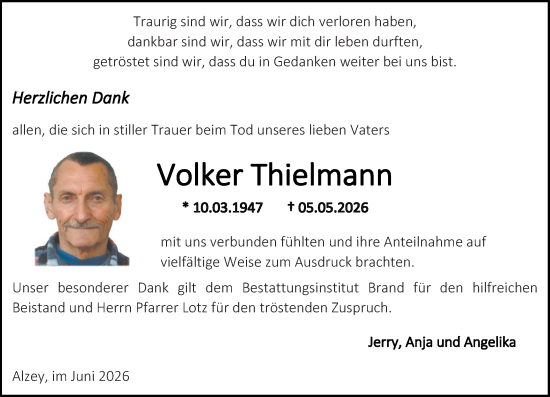 Traueranzeige von Volker Thielmann von Allgemeine Zeitung Alzey