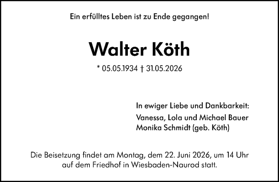 Traueranzeige von Walter Köth von Wiesbadener Kurier