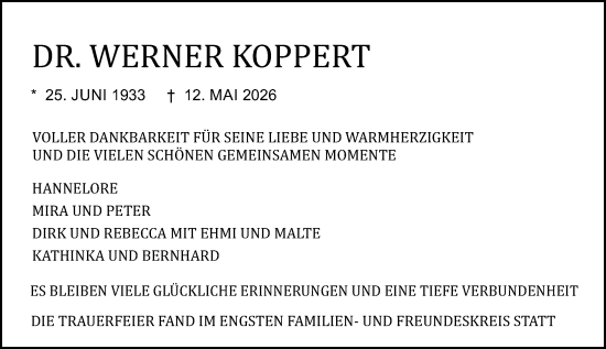 Traueranzeige von Werner Koppert von Darmstädter Echo