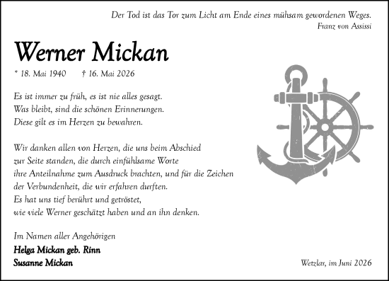 Traueranzeige von Werner Mickan von Wetzlarer Neue Zeitung