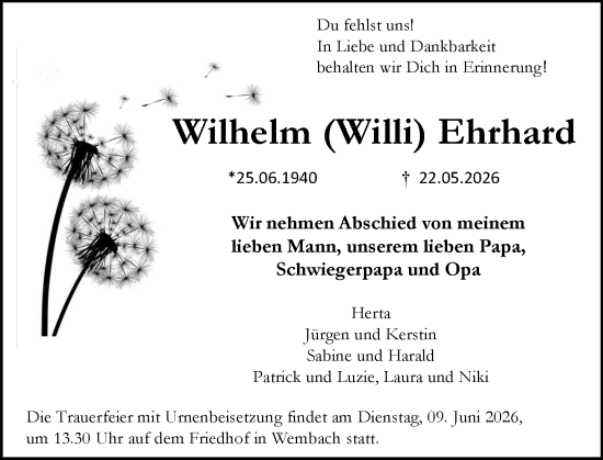 Traueranzeige von Wilhelm Ehrhard von Darmstädter Echo