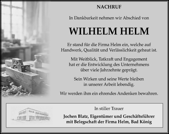 Traueranzeige von Wilhelm Helm von Odenwälder Echo