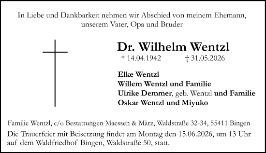 Traueranzeige von Wilhelm Wentzl von Allgemeine Zeitung Rheinhessen-Nahe