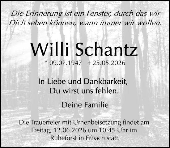 Traueranzeige von Willi Schantz von Odenwälder Echo