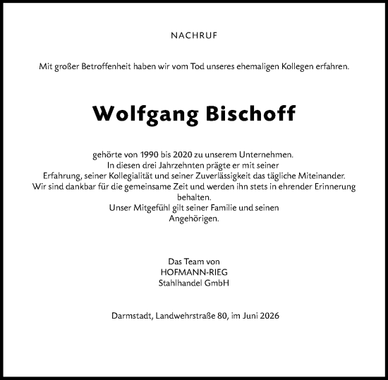 Traueranzeige von Wolfgang Bischoff von Darmstädter Echo
