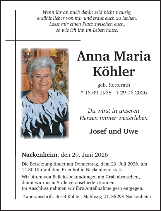 Traueranzeige von Anna Maria Köhler von Allgemeine Zeitung Mainz Rheinhessen 