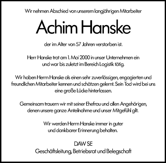 Traueranzeige von Achim Hanske von Darmstädter Echo