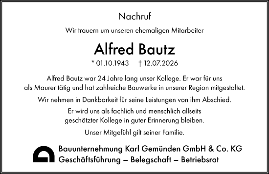 Traueranzeige von Alfred Bautz von Allgemeine Zeitung Rheinhessen-Nahe