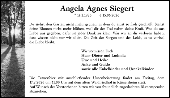 Traueranzeige von Angela Agnes Siegert von Rüsselsheimer Echo