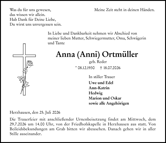 Traueranzeige von Anna Ortmüller von Hinterländer Anzeiger