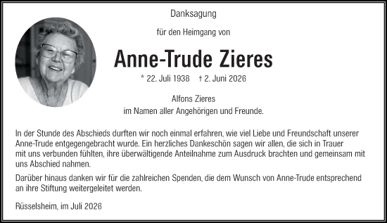 Traueranzeige von Anne-Trude Zieres von Rüsselsheimer Echo